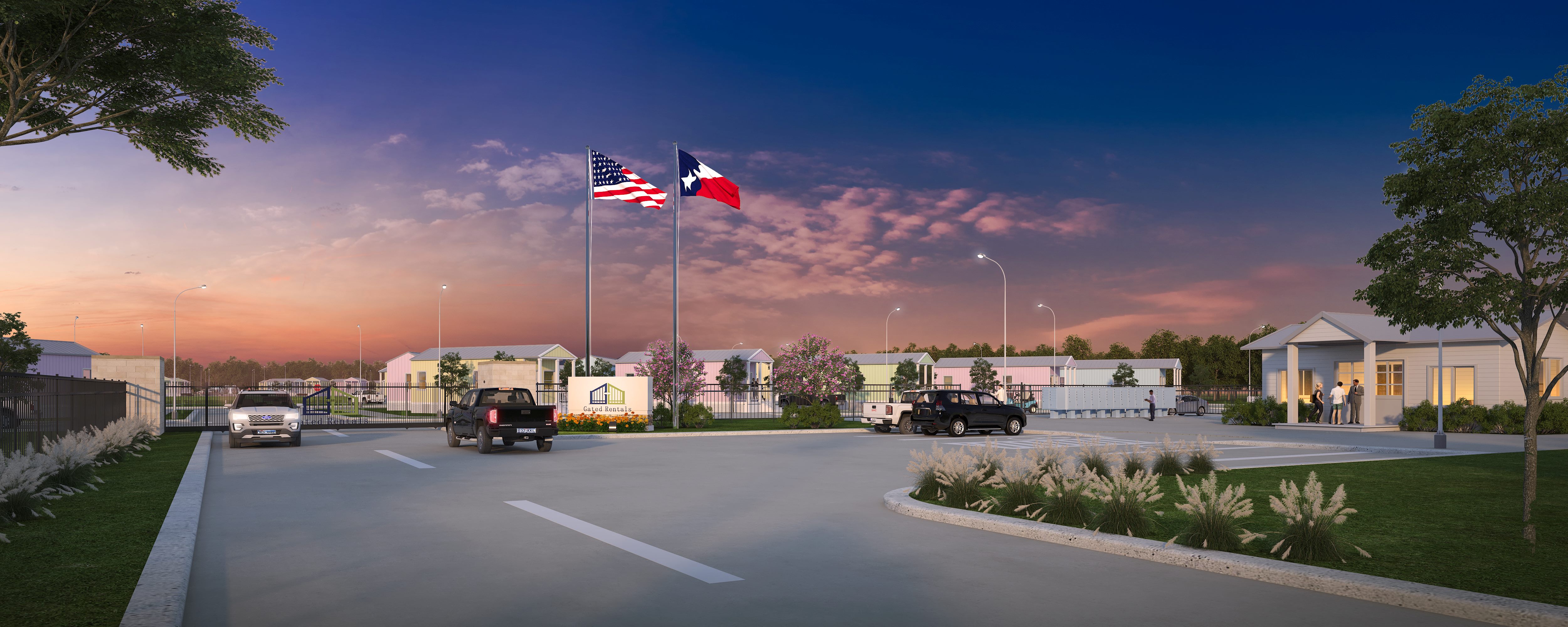 Gated-Rentals-Entry-View-Exterior-Eye-Level-Dusk-Houston-TX